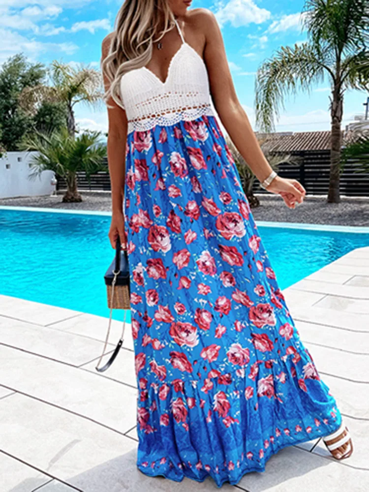 

Elegant V Neck Backless Lace-up Party Dress Summer Casual Floral Print Patchwork Sling Dress Sexy Loose Beach Long Dress Vestido