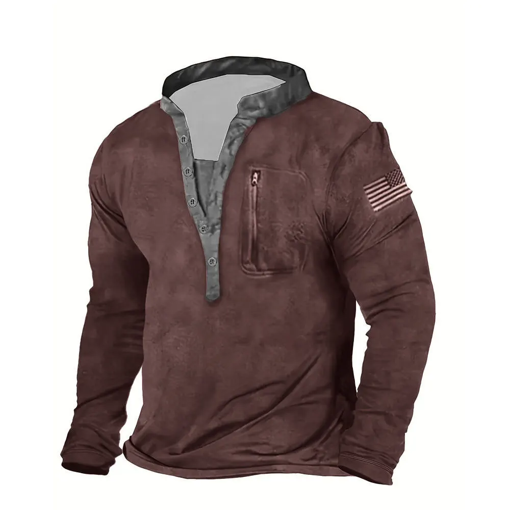 Мужские Винтажные рубашки на молнии с длинным рукавом и принтом американского