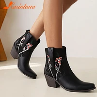 karinluna big size 34 43 luxury elegant women boots ankle thick high heels pointed toe embroidery boots lady solid shoes female