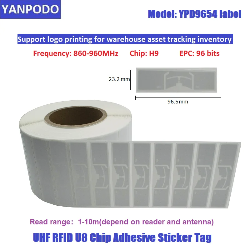 

Yanpodo UHF RFID sticker 9654 label tag 860-960mhz Ucode8 chip EPC Gen2 self-adhesive passive for inventory management tracking