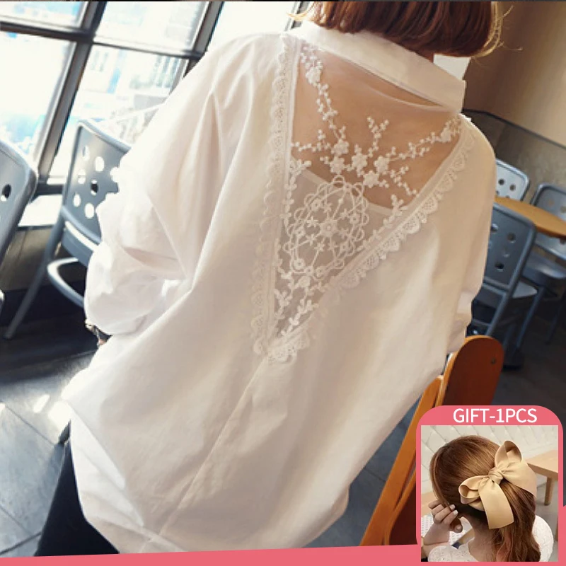 

Fashion 2022 Clothes Lace Hollow Out OL Women Blouse Shirt Long Sleeve V-neck Women's Tops White 5XL Women's Clothing Blusas