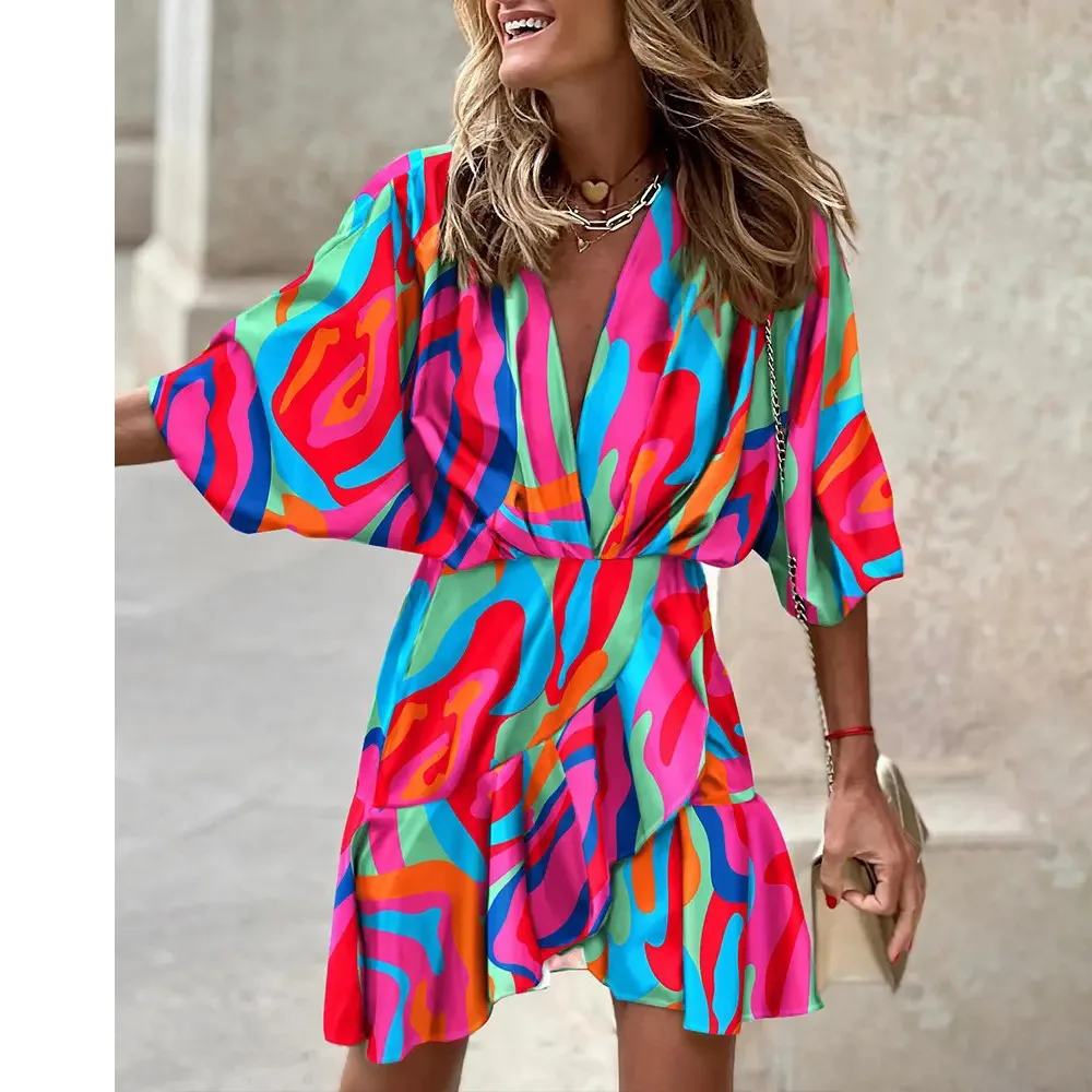 

Summer Irregular Mini Dress for Women Fashion Print Casual Bohemia Style Vacation Sundress Women's Bat Sleeve Ruffles Dresses