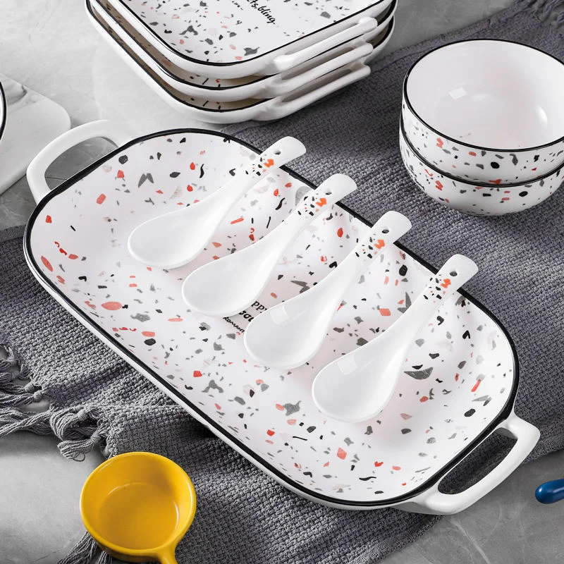 

Terrazzo Ceramic Tableware Nordic Fish Plate Creative Steamed Fish Plate House Rectangular Grilled Fish Plate Kitchen Tableware