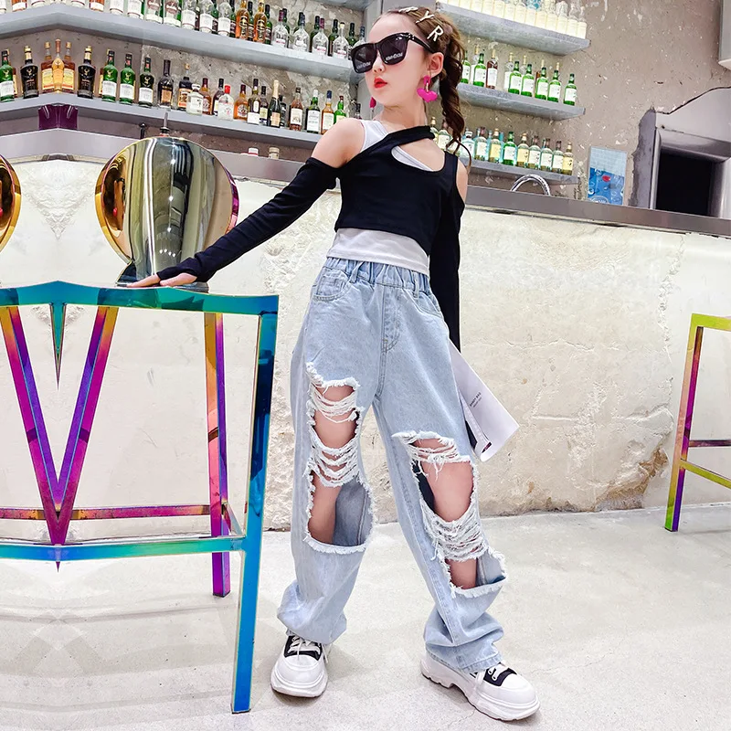 Джинсы-капри для девочек 6-16 лет рваные брюки из денима с дырками завышенной