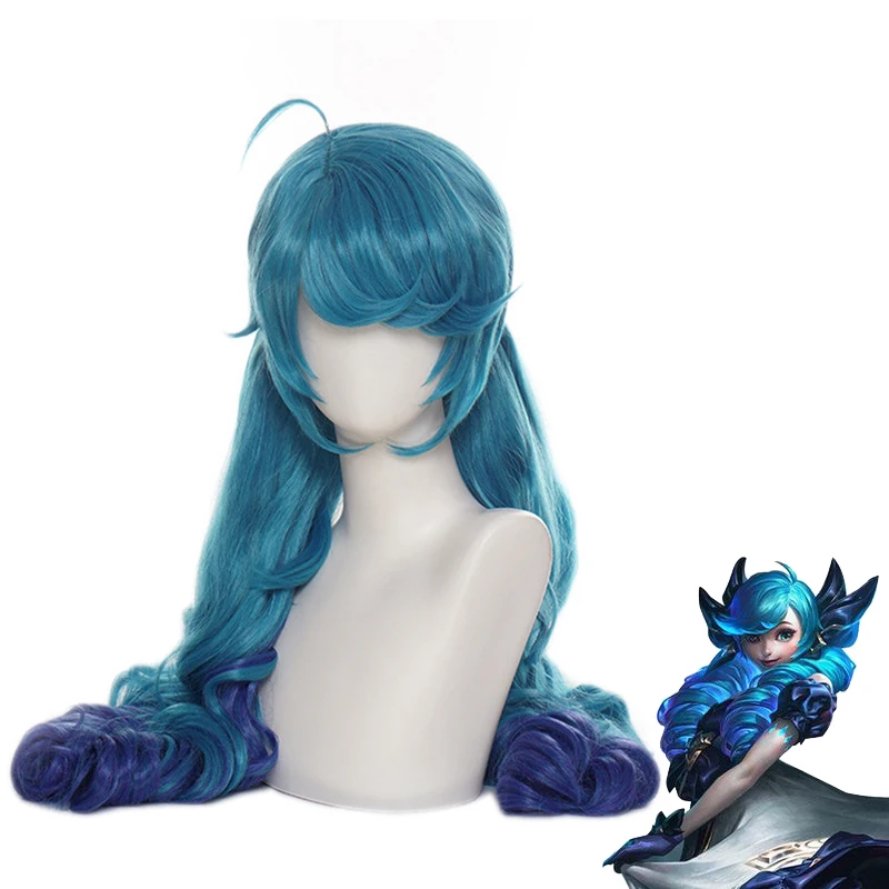 

Гвен Игра LOL парик для косплея Синий Зеленый смешанный цвет длинные вьющиеся парики синтетический термостойкий парик волос вечеринка на Хэллоуин + бесплатная парик Кепки