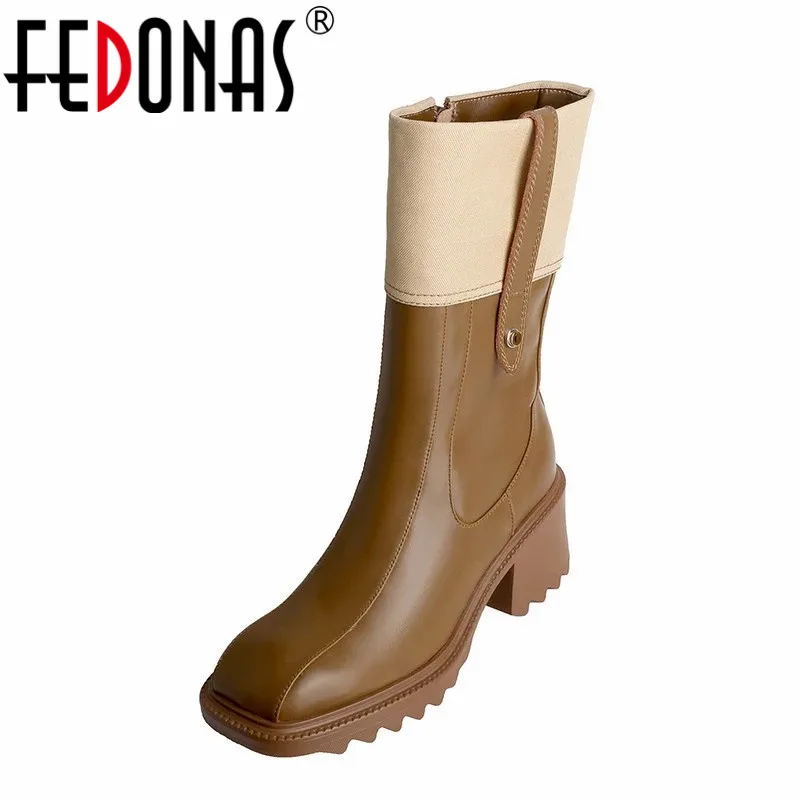 

Женские сапоги до середины икры FEDONAS, черные сапоги из воловьей кожи в винтажном стиле, теплая обувь на высоких каблуках в стиле панк на осен...