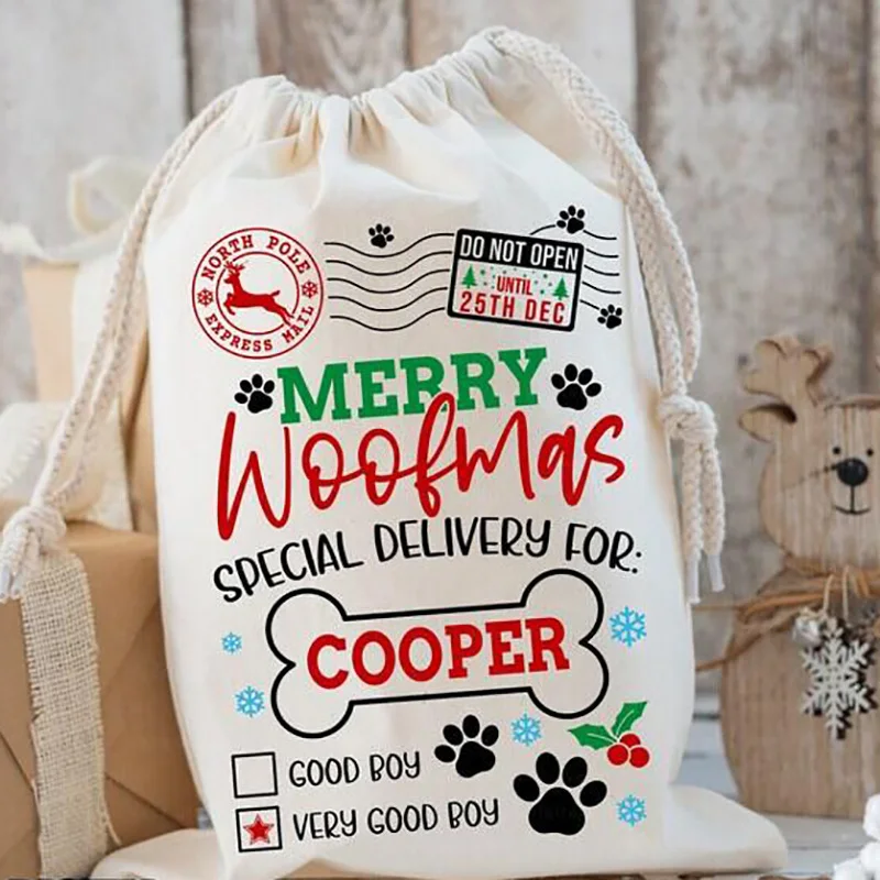 

Personalized Custom Dog Name Santa Sack Stocking Merry Woofmas Pet Christmas gift Bag 2023 New Year present Xmas Tree Ornaments