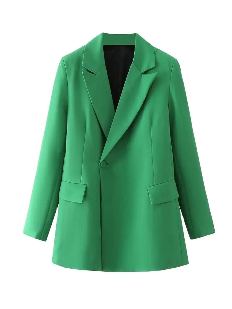 

Aonibeier 2022 Za Woman Casual Traf Coats Spring Long Sleeve Notched Collar Chic Design Single Button Loose Blazers Green Jacket