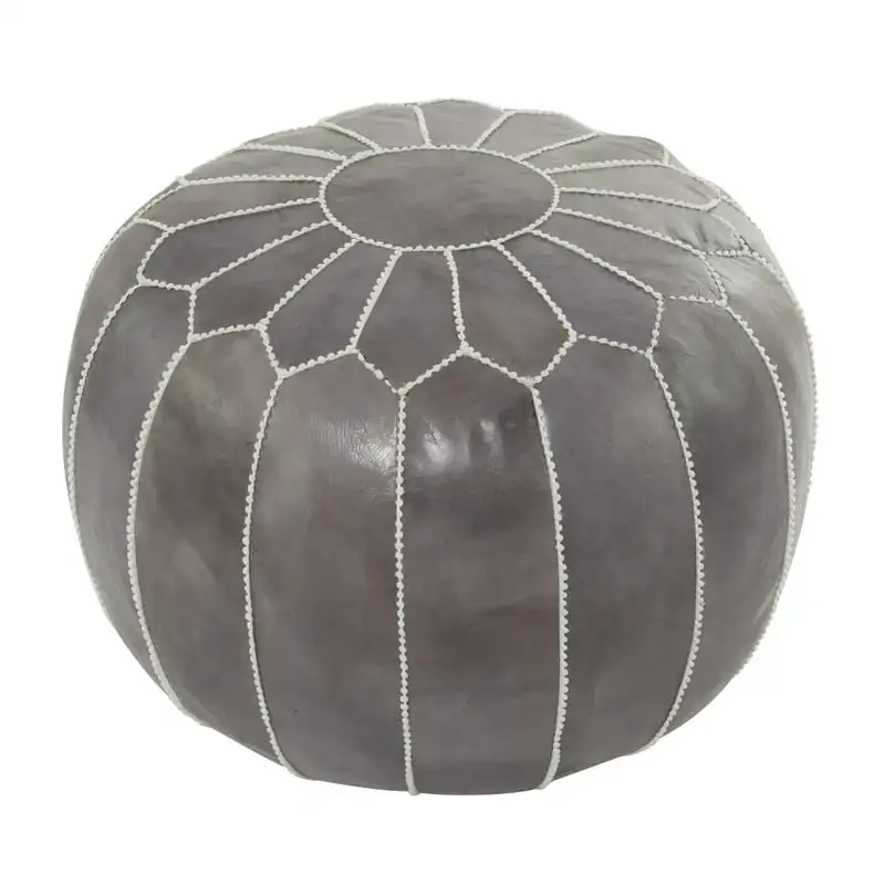 

Moroccan Gray Leather Floral Pouf with White Stitching