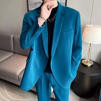 2021 solid color business suit men 2 pieces office party wedding suits single button casual slim blazer trousers costume homme
