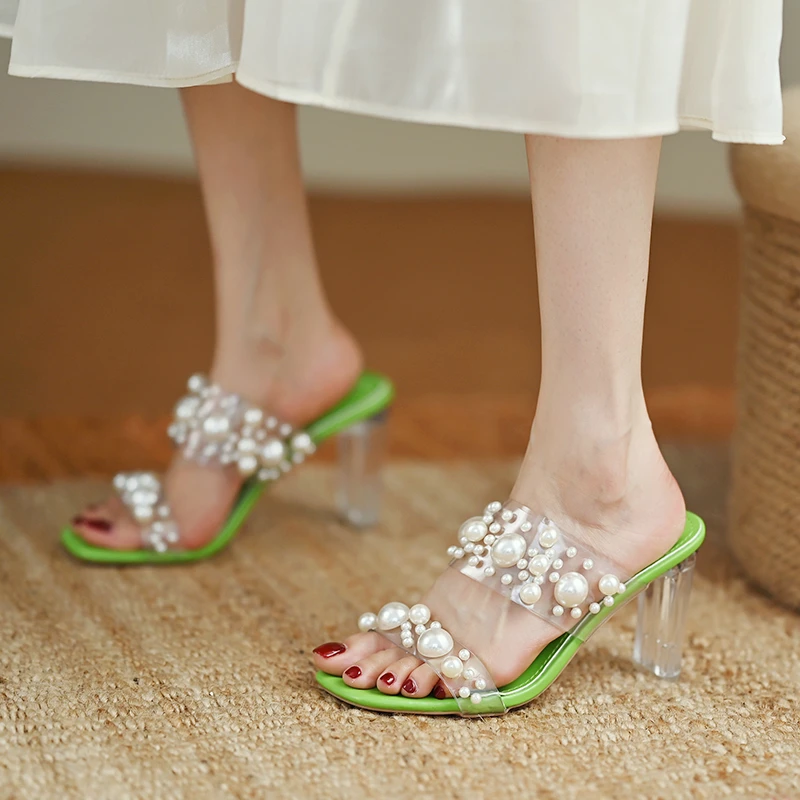 

2022 New Transparent PVC String Bead Shoes Woman Fashion Open Toe Slippers Crystal Perspex Heels Slides Beach Sandale Femme