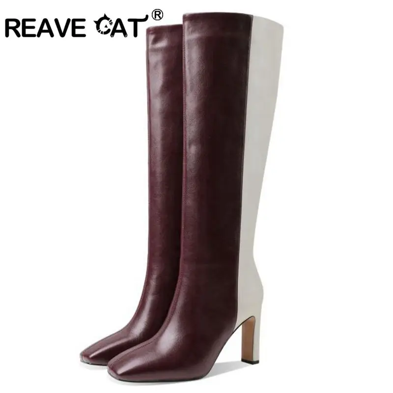 

REAVE CAT New Mixed Color Big Size 43 Knee Boots Knight Long 8cm Thin Heel Pull On Wide Leg Square Toe Women's Shoes Autumn