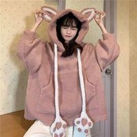 moving ears cute cat java kawaii lamb plush hooded loose casual sweater womens cotton jacket warm pullover clothing aesthetic