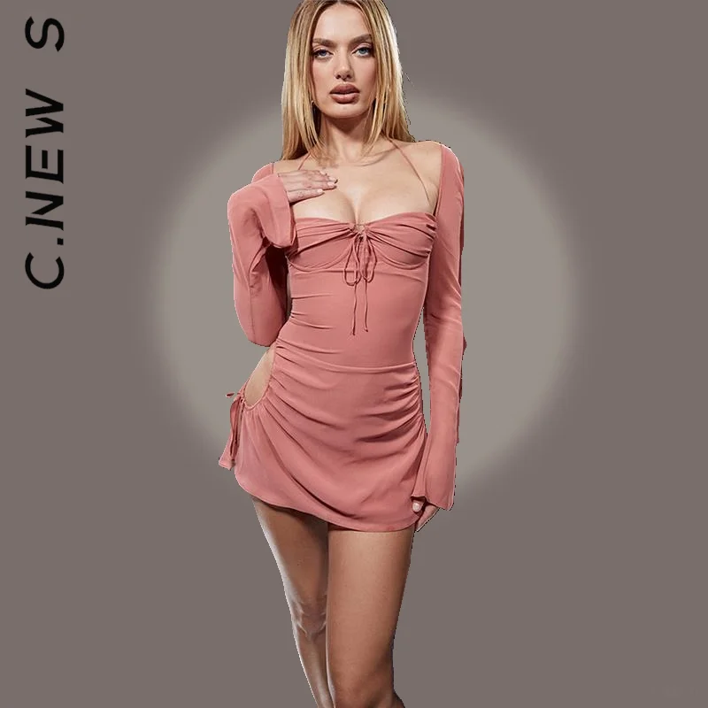 Женское платье с расклешенным рукавом розовое мягкое длинным | Платья