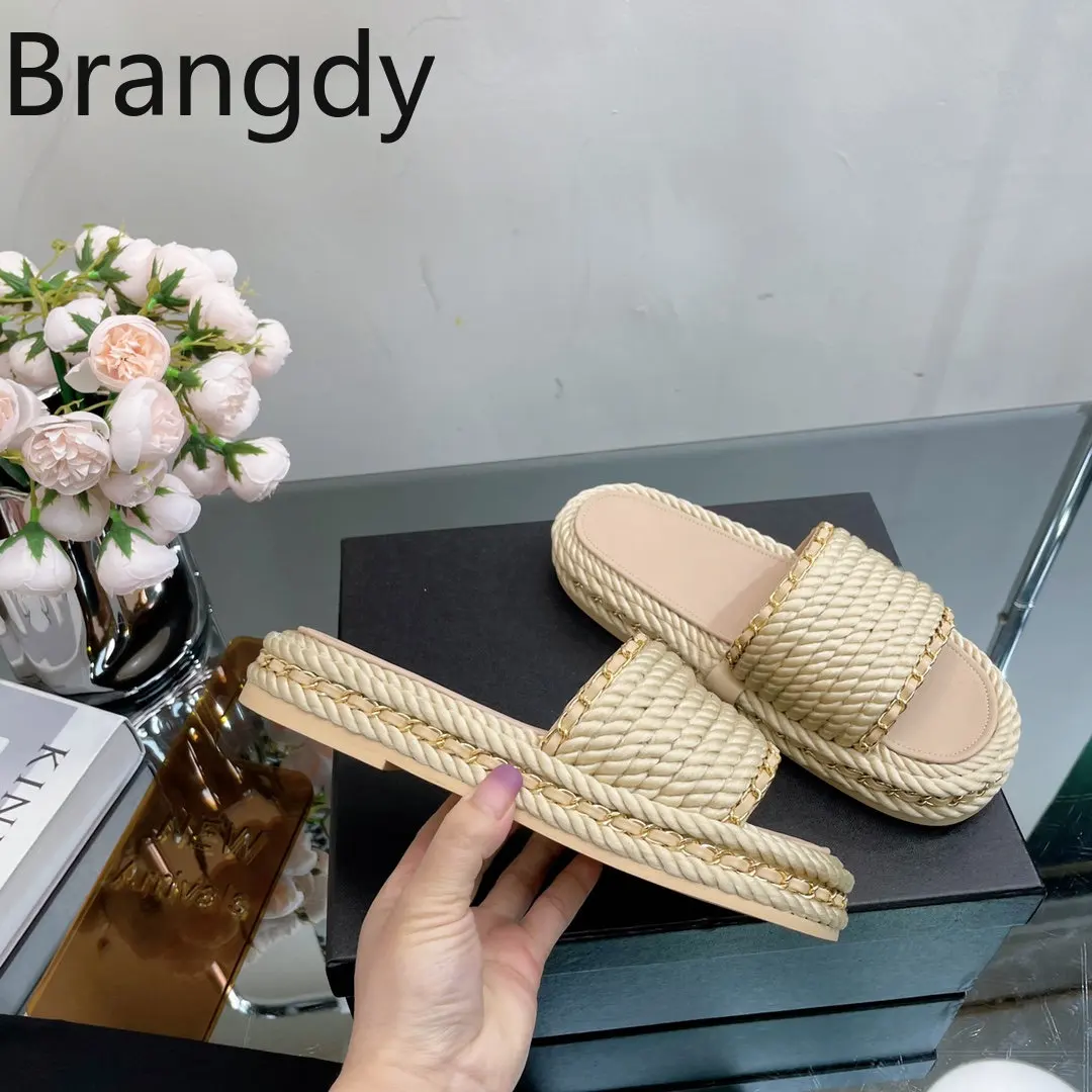 

New Women Shoes Size35-41 Hemp Slippers Chain Flat Platform Summer Slides Designer Shoes Vacation Beach Flats Zapatillas Mujer