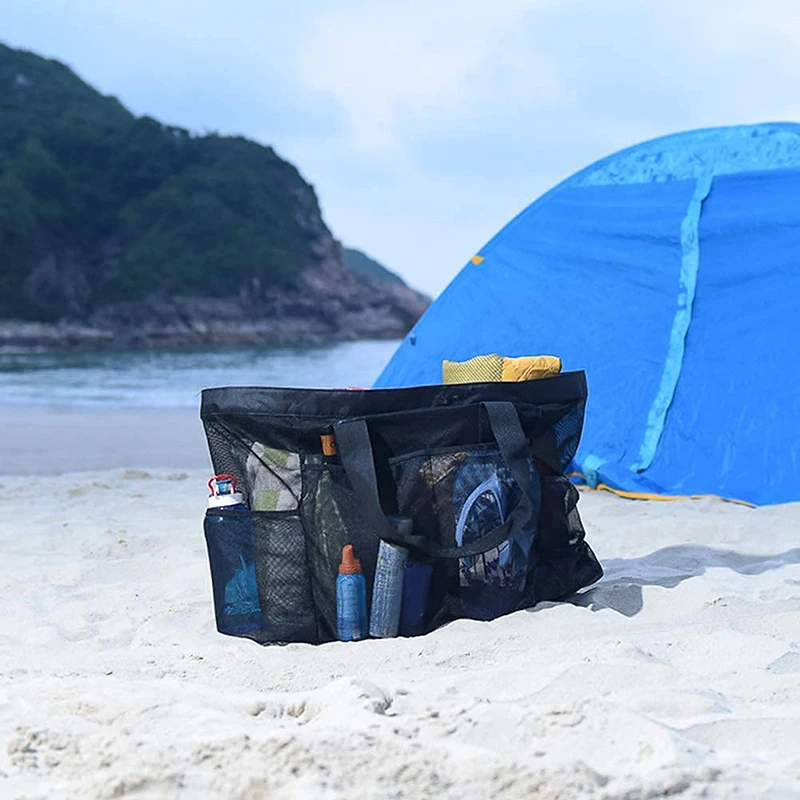 

Летняя большая пляжная сумка с несколькими карманами для полотенец, сетчатая прочная пляжная сумка для игрушек, сумка-тоут с карманами для нижнего белья