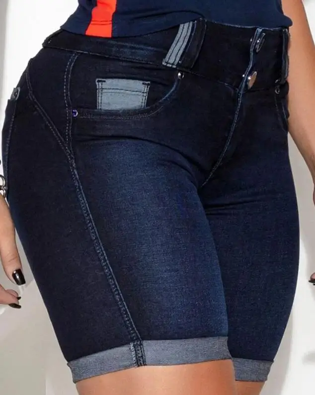 

Women Fashion Pocket Design Denim Shorts European & American Women's Clothing Contrast Paneled Female High Waist Short Jeans