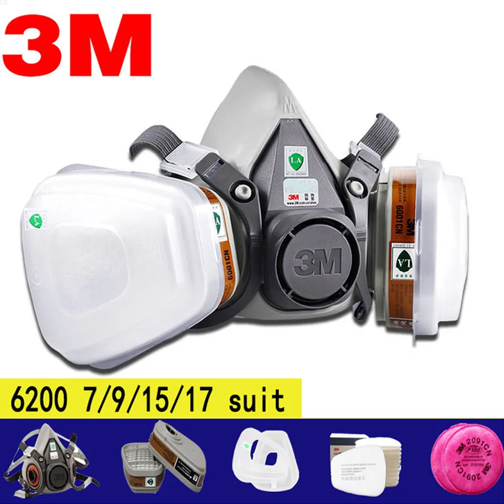 3M 6200 Gas Mask Chemical Respirator Protective Mask Half Face Mask Industrial Paint Spray Anti Organic Vapor 6001/2091 Filter