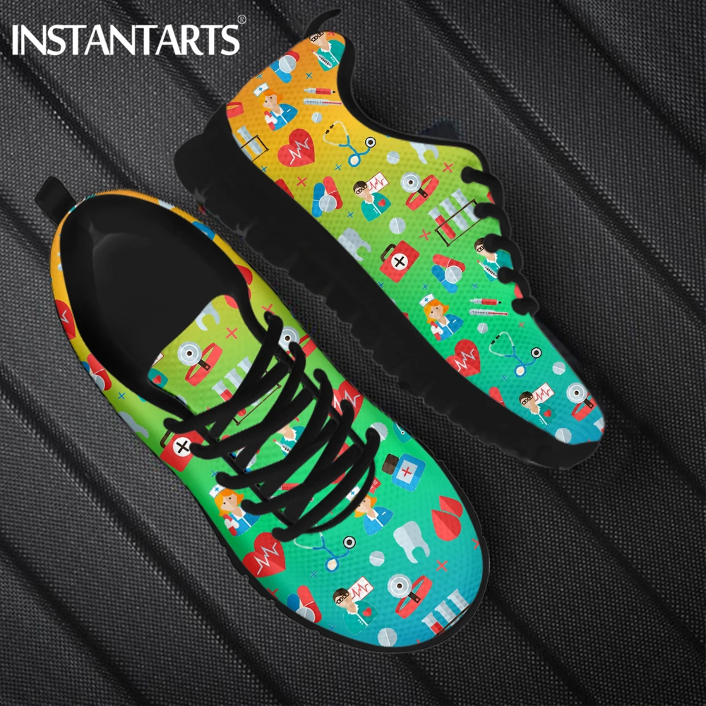 

INSTANTARTS Gradient Color Dental and Dentisit Printed Women Mesh Sneakers Breathable Lace up Flat Shoes Comfort Sport Zapatos