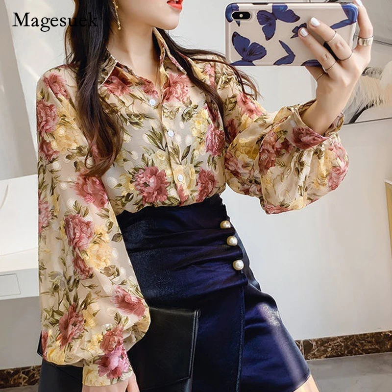 

2022 Summer Casual Chiffon Shirts Women Clothes Vintage Flower Print Long Lantern Sleeve Button Loose Turn-down Collar Tops21537
