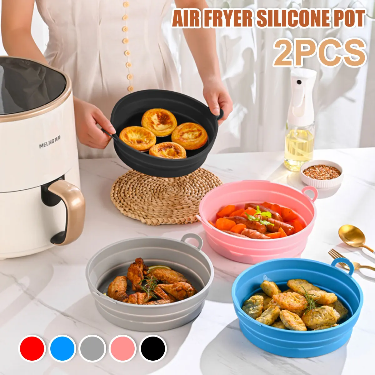 

2Pcs Air Fryer Silicone Pot Reusable Air Fryer Liner Round Air Fryer Basket No-Stick Air Fryer Pan Heat Resistant Air Fryer