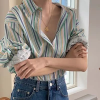 french retro casual women shirt striped loose color patchwork ladies top light thin long sleeve shirt summer spring tops mujer