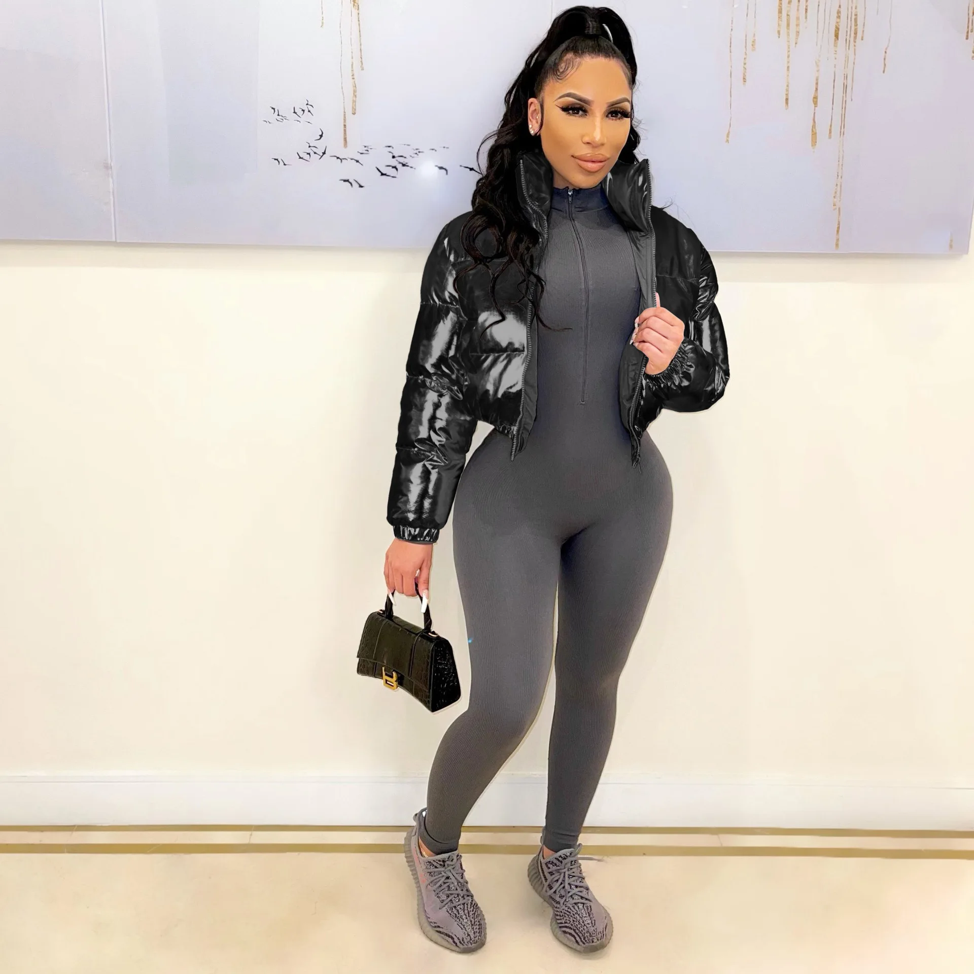 Women Solid Coating Cropped Puffer Coats Stand Collar Long Sleeve Casual Zipper Jacket 2022 Fashion Thick Warm Winter Coat