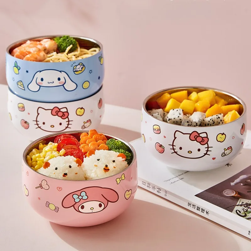 

Kawaii Sanrio Hello Kitty 316 Stainless Steel Children's Bowl Cinnamoroll My Melody Double Layer Anti-fall Rice Bowl Anti-scald