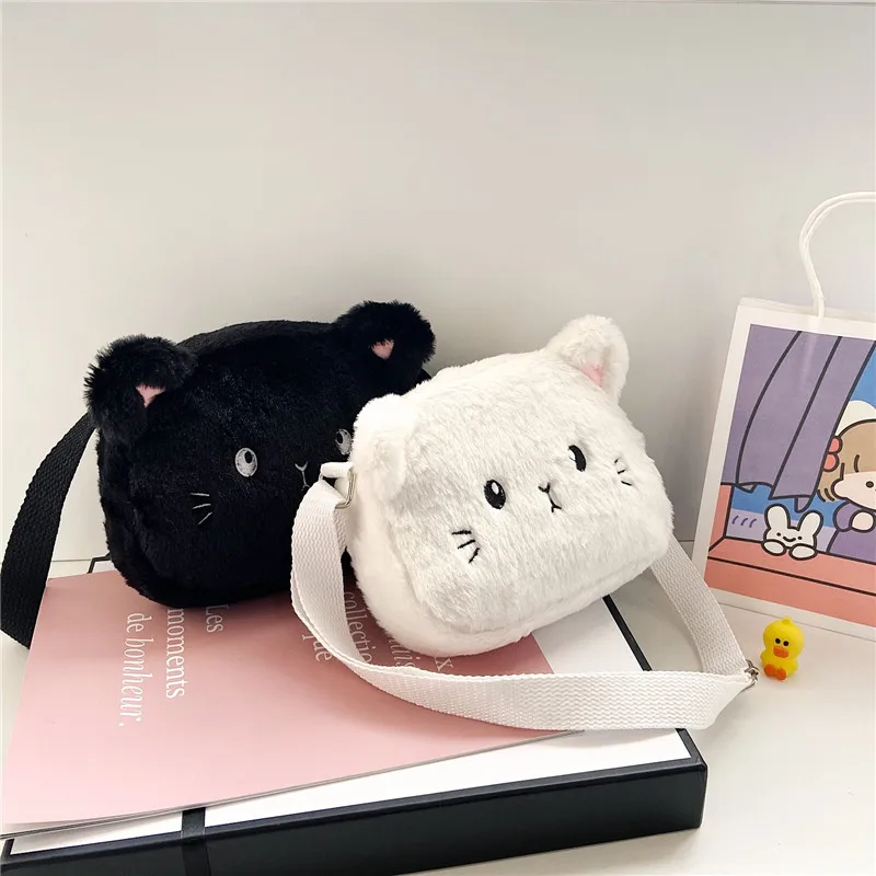 Cartoon Cat Baby Girls Crossbody Bags Cute Soft Plush Childr