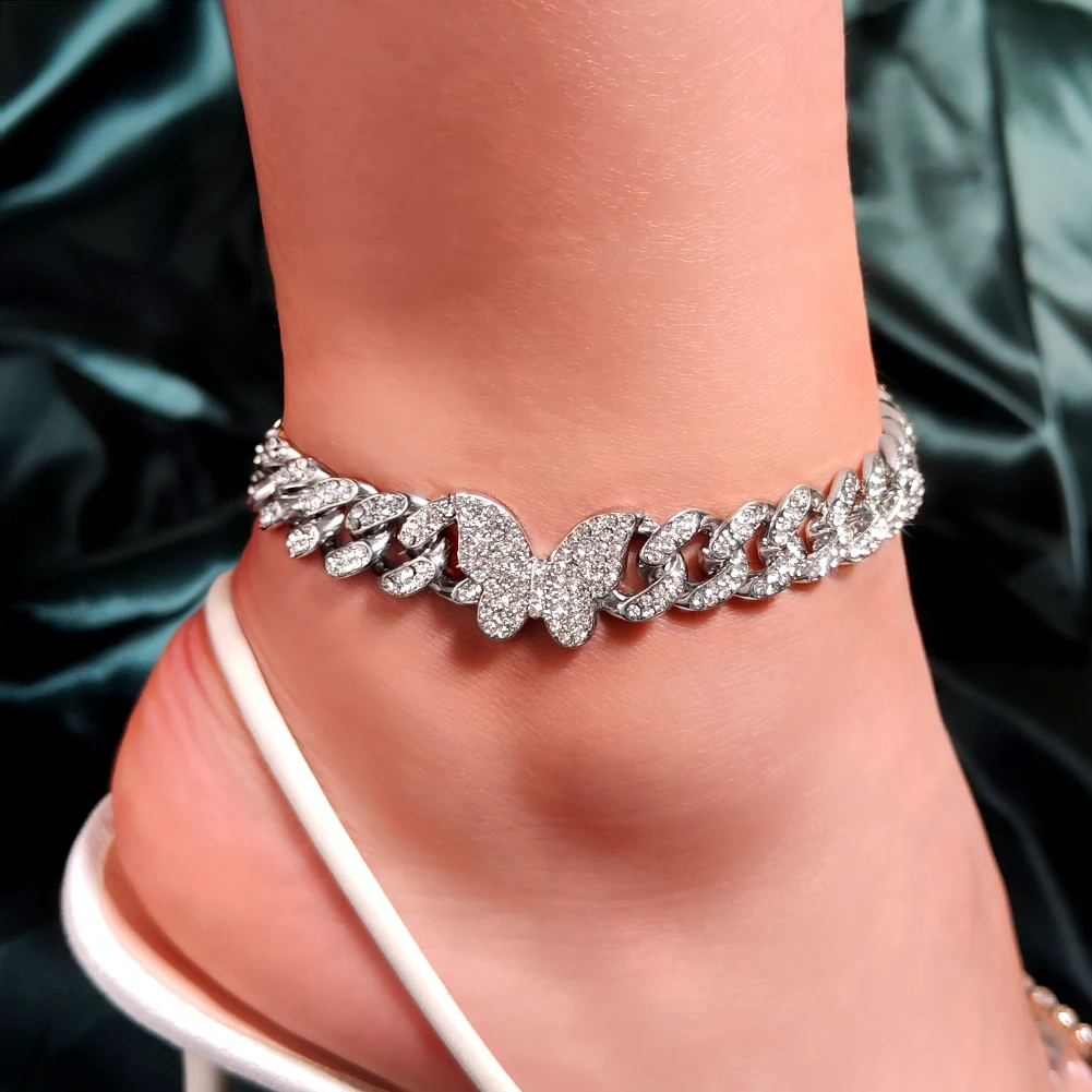 

Punk Bling Butterfly Rhinestone Cuban Link Chain Anklet for Women 13mm Iced Out Cuban Hip Hop Anklets Bracelet Barefoot Jewelry