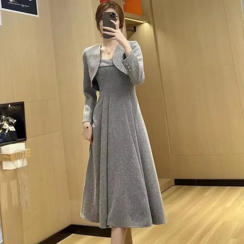 Элегантный женский твидовый костюм платье комплект из 2 предметов осень 2024 новый