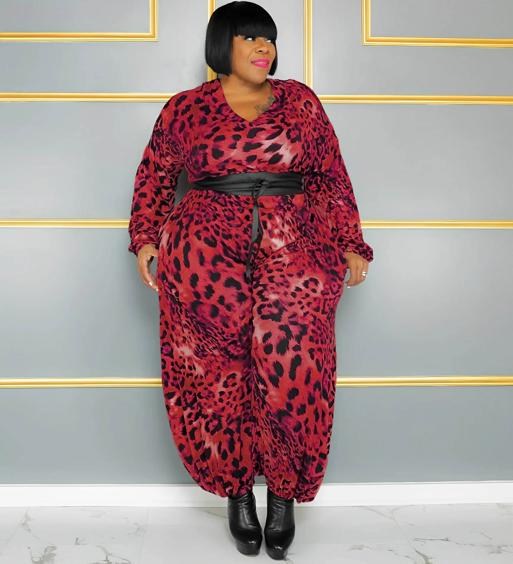 Plus Size Elegant Jumpsuit For Women Leopard Casual One Piece Outfit 2022 Fall Female V Neck Jumpsuit Lady Designer Pants