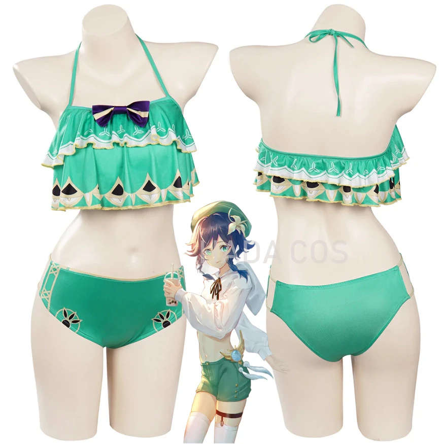 

Genshin Impact Cosplay Costume Venti Barbatos Swimwear Slip Dress Bikini Summer Green Sexy Swimsuit Beach Pool Party Cute Girls