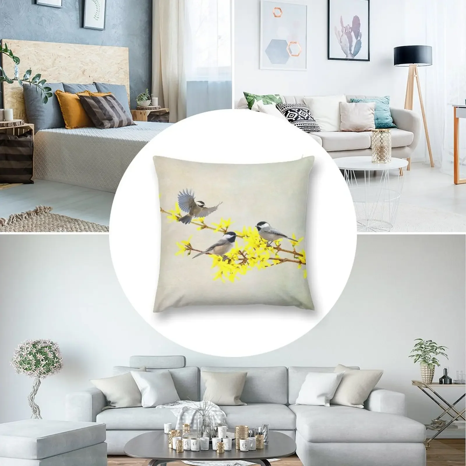 Фото Декоративная подушка Chickadees and Forsythia, чехлы для диванных подушек, декоративные подушки для гостиной, диванные подушки, подушка №5