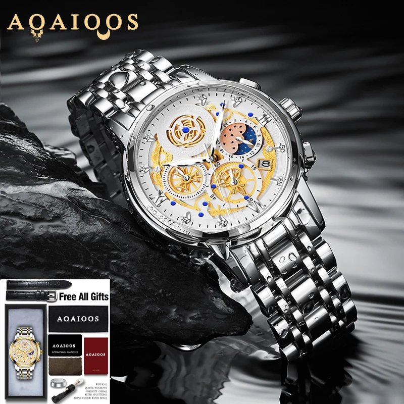 

AOAIOOS Fashion Watches For Men Luxury Original Classic Quartz Clock Analog Chronograph Sport Waterproof Steel Band WristWatch