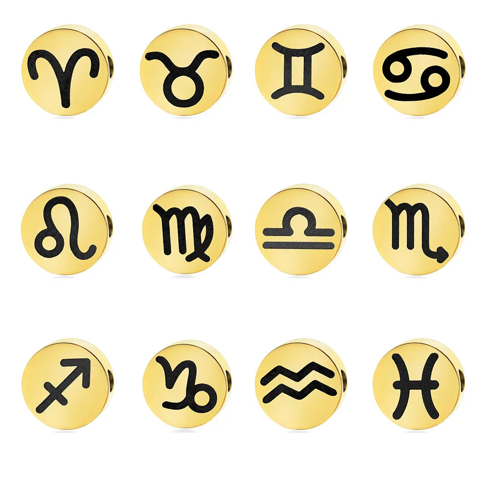 

5pcs/lot 100% Stainless Steel DIY Zodiac Disc Bead Charms Wholesale Scorpio Custom Design Gemini OEM Virgo Aries Cancer