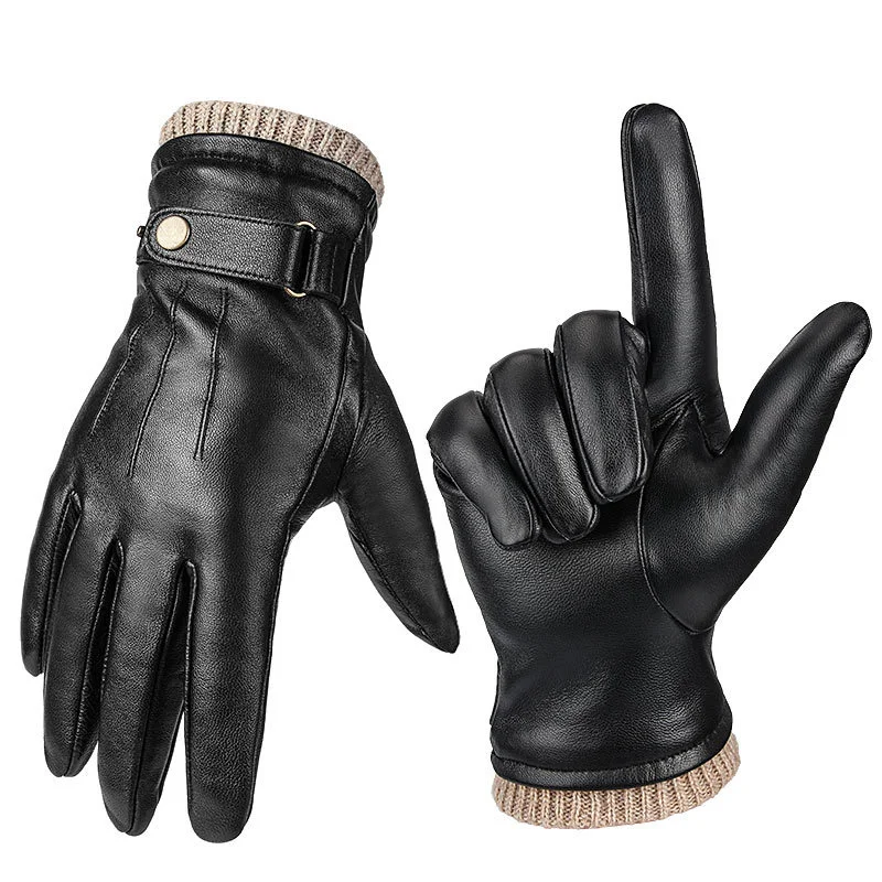 Men Sheepskin Leather Gloves Outdoor Sport Warm Wool Lined Vintage Daily Dress Driving Gloves