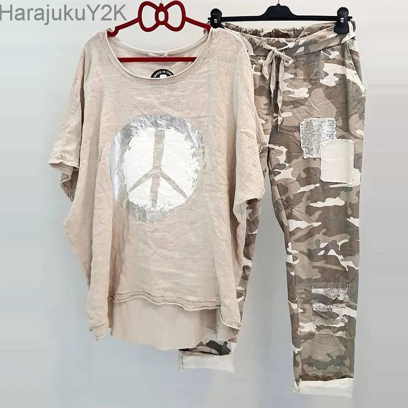 

Spring Summer Loose Women Two Piece Set 1 Set T-shirt Pants Camouflage Drawstring Relaxed Fit Asymmetrical Outfit Streetwear