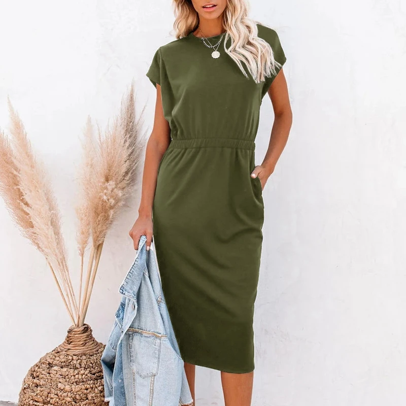 

Women's Summer Casual Short Sleeve Dress High Waist Dress With Pockets