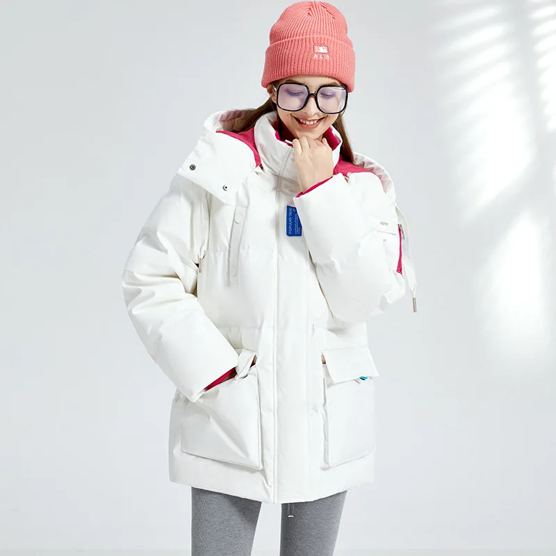 2022 Winter New Women Hooded Down Jacket Design Sense Printing Large Pockets Plus Velvet Warm High-quality White Duck Down Coats