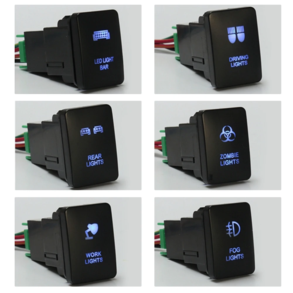 

For Toyota Landcruiser Yaris RAV4 Blue LED Light Illuminated Switch On/Off Push Button Signal Lamp Bar Switch 33x22mm Zombie Luz