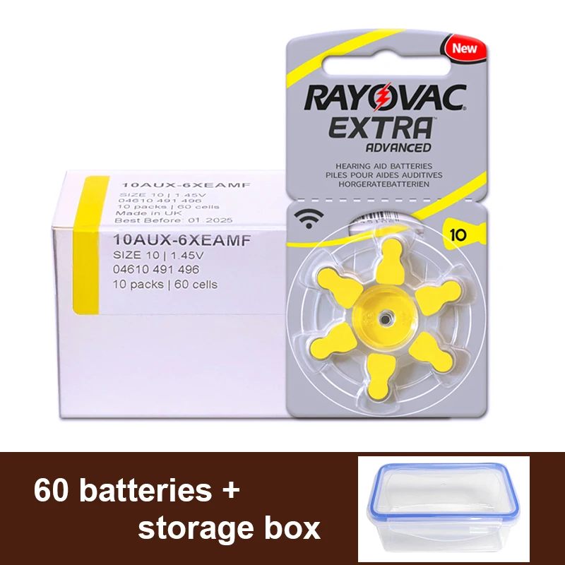 

60x Rayovac Extra Hearing Aid Batteries A10 10A 10 P10 PR70 UK Zinc Air Battery 1.45V for CIC Mini In Canal Ear Aids Amplifiers