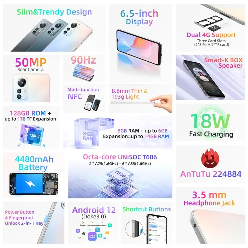 【World Premiere】 Blackview A85 Global Version 8GB 128GB 6.5'' HD+ 90Hz Display 50MP Camera 4480 mAh Battery NFC Smartphone