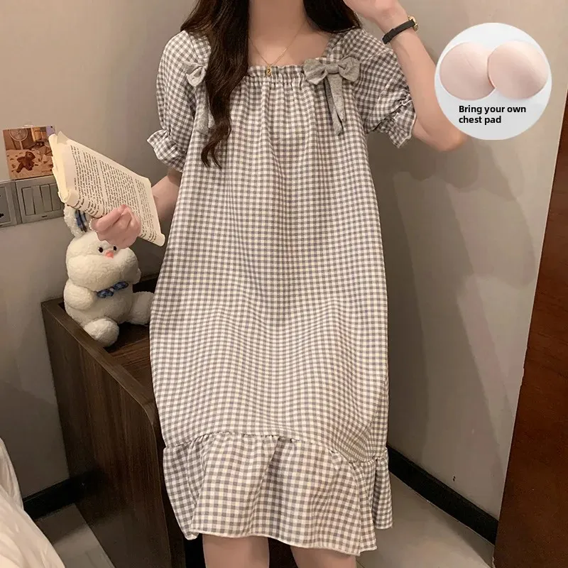 Женское платье для сна из хлопковой пены с короткими рукавами и квадратным