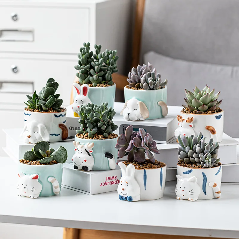 

Idyllic Animal Cartoon Cute Ceramic Flower Pot Succulent Green Plant Flower Pot Ceramic White Rabbit Dog Vase Home Decoration
