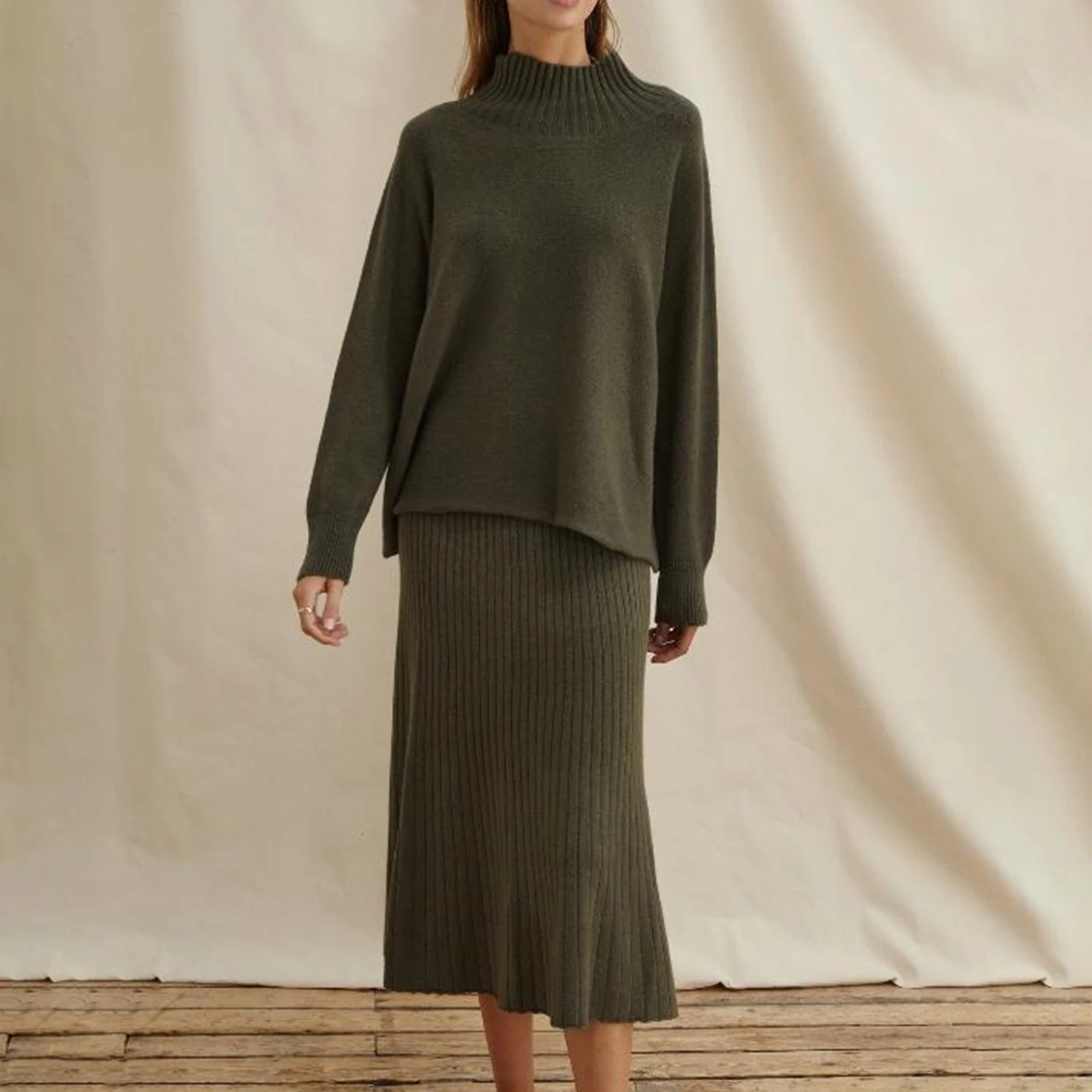 

Women's Fashion Knit Dress Set Long Sleeve Turtleneck Sweater with Long Skirt Set Streetwear Fall 2Pcs Outfit