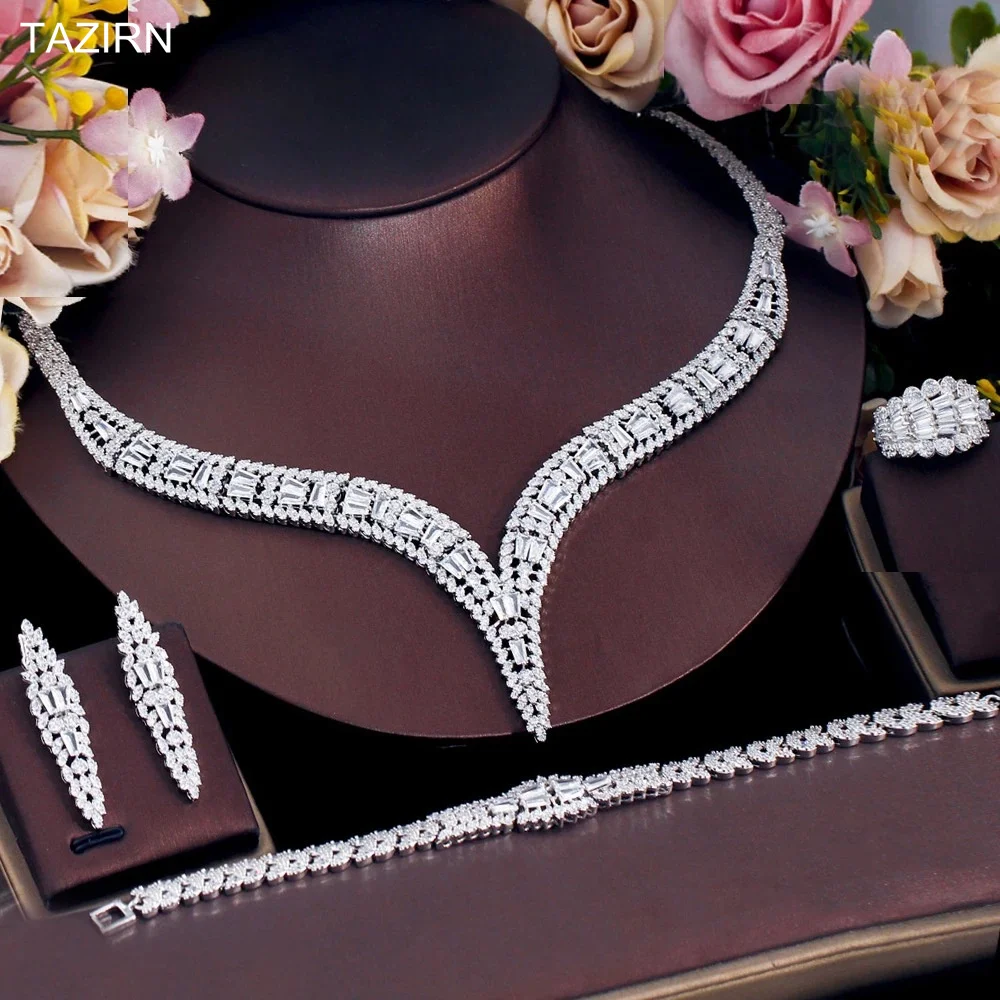 

TAZIRN Luxury 5A Zirconia Jewelry Sets for Women Dubai Arabic 4PCS CZ Wedding Bridal Elegant Sparkling Jewelry Set Accessories