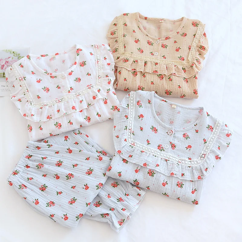 

Women Pajamas 2 PC Korean Style Cotton Sleepwear Flower Print Women Casual Homewear Thin Pijama Mujer Sleeping Suit Home Clothes