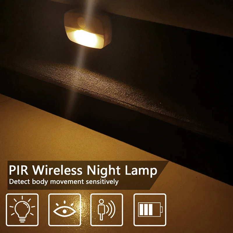 

Wireless PIR Motion Auto Sensor Mini LED Night Lights Hallway Closet Stair Room Lamps Battery Powered Cabinet Door Stair