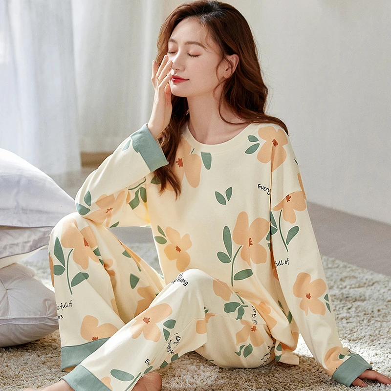 CAIYIER Cotton Winter Pajamas Set For Women Cute Grid O-Neck Long Sleeed Nightwear Girl Simple Leisure Sleepwear Autumn Homewear
